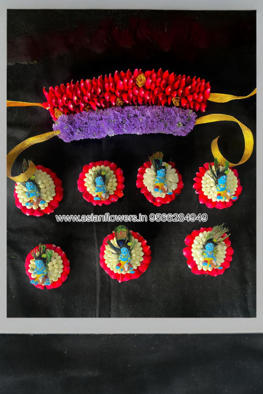 Red petals with blue daisy krishna doll braids/veni (208)